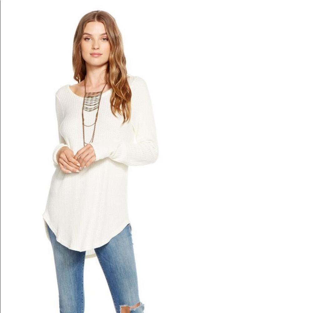 Chaser Thermal Long Sleeve Open Criss Cross Back Shirttail Tee Ivory Cream Med M